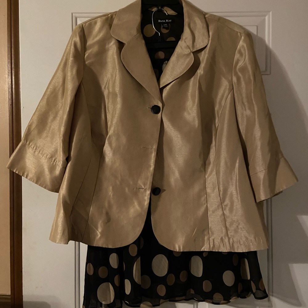 Gold and Black skirt suit,coat is gold and skirt is black with gold polka dots